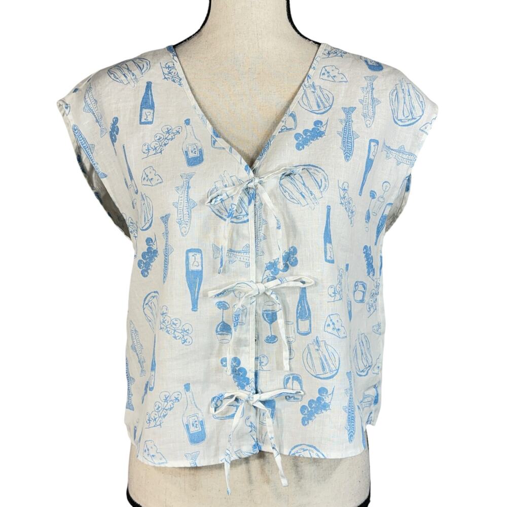 Cynthia Rowley Medium 100% Linen Top Tie-Front V-Neck Lightweight Sleeveless